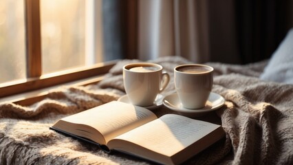 A comfortable scene with a coffee cup and an open book on a blanket near a window in the gentle morning light