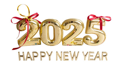 Obraz premium Happy New Year 2025. Golden 3D numbers with ribbons and confetti , isolated on transparent background.