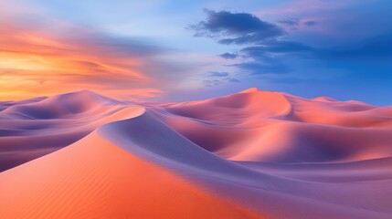 Desert dunes bathed in warm sunset hues with dramatic clouds and a vibrant sky above the arid landscape.