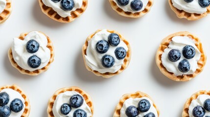 Fototapeta premium Delicious round waffles adorned with creamy topping and fresh blueberries arranged neatly on a white background, viewed from above.