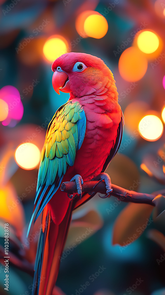 Poster a colorful parrot perched on a tree branch with colorful bokeh lights in the background.