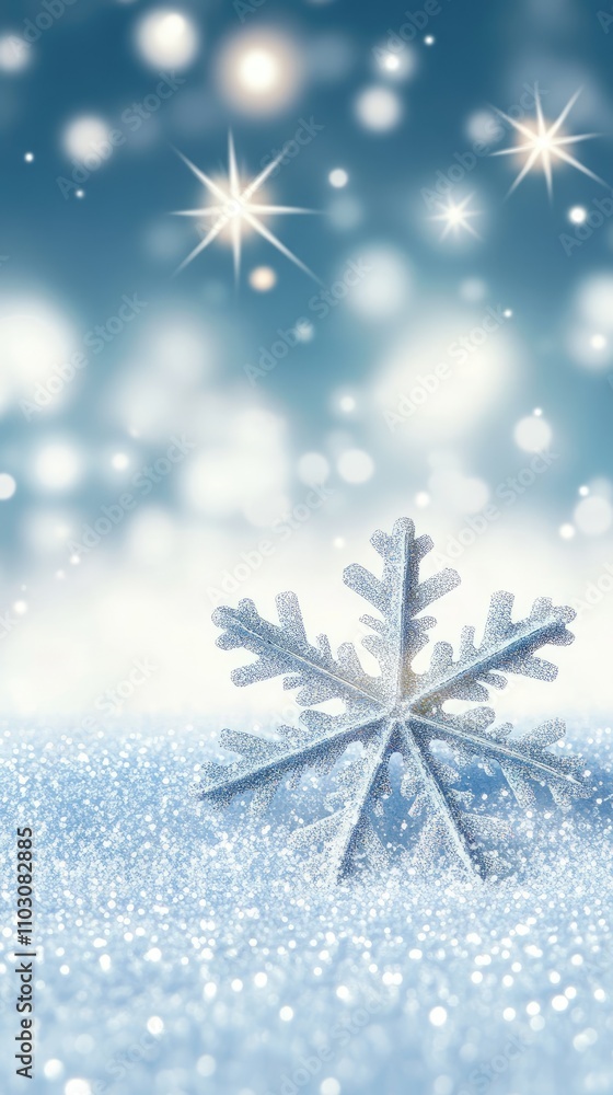 Poster a delicate snowflake rests gently on a sparkling blanket of snow, illuminated by twinkling stars in 