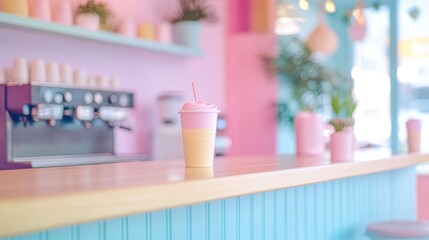 Colorful cafe interior with a vibrant wooden counter, pastel decor, and a refreshing drink in the foreground, creating a cheerful atmosphere.