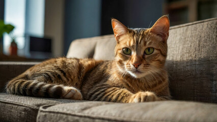 Fototapeta premium Cat relaxing on sofa, domestic animal, close-up.