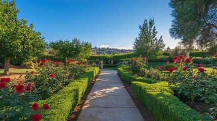 Serene garden pathway bordered by neatly trimmed green hedges and vibrant red roses under a bright blue sky, creating a tranquil, inviting atmosphere.