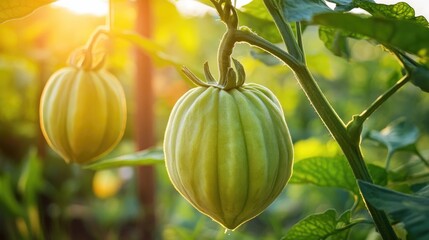 Ripe green papayas hanging on a sunlit tree amidst lush garden foliage, showcasing their distinctive texture and shape.