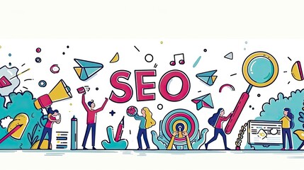 Vector Illustration of Digital Marketing Team Working on Website SEO with Large Letters 'SEO,' Magnifying Glass, and Target Symbol on White Background