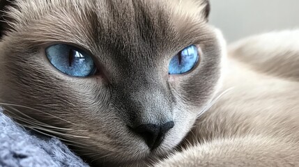 Close-up of an elderly gray cat with mesmerizing blue eyes, showcasing intricate details of fur and facial features.