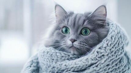 Fluffy gray cat with large green eyes wrapped in a cozy light scarf, exuding relaxation and cuteness while gazing playfully at the camera indoors.