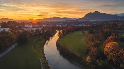Obraz premium Beautiful aerial view of the historic town in autumn