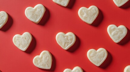 Obraz premium Heart-shaped cookies with a glossy glaze arranged artistically on a vivid red backdrop, perfect for a romantic celebration or festive occasion.