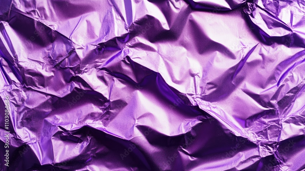 Poster crumpled violet foil background with a glossy duotone texture, featuring dynamic light reflections a