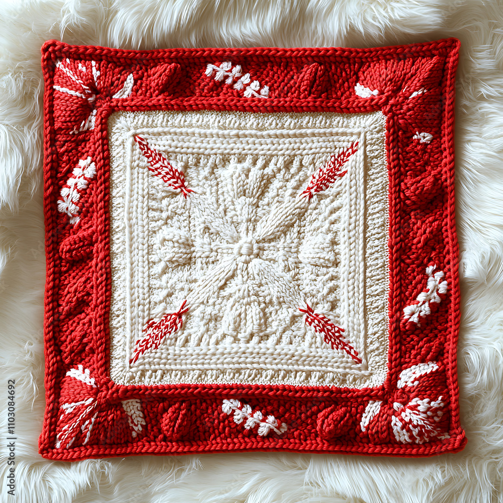 Poster decorative red and white crochet blanket featuring intricate patterns and textures, perfect for addi