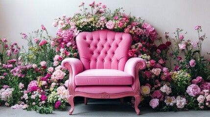 Elegant pink armchair with tufted upholstery surrounded by a vibrant display of pink and floral accents in a lush botanical setting.
