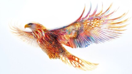 eagle soaring gracefully against a pristine white background, its feathers shimmering with vibrant colors that reflect the essence of energy and technology
