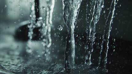 Water flowing dynamically from a showerhead, creating glistening droplets and ripples in a serene, softly lit environment.
