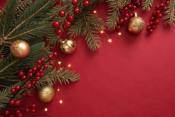 Obraz premium A Festive Christmas Scene with Evergreen Branches, Red Berries, and Gold Ornaments on a Rich Red Background