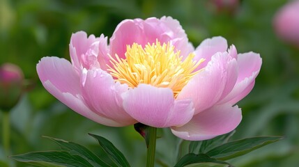 Obraz premium Close-up of a pink peony flower displaying its soft, layered petals and striking yellow center, highlighting the intricate beauty found in nature.