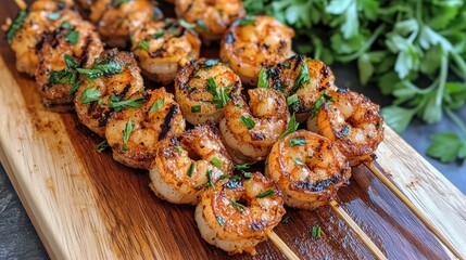 Grilled shrimp skewers seasoned with herbs and spices, beautifully presented on a wooden board, garnished with fresh herbs, perfect for seafood lovers.
