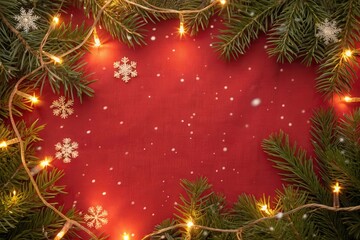 A Festive Christmas Border of Evergreen Branches, Sparkling Lights, and Delicate Snowflakes on a Red Background