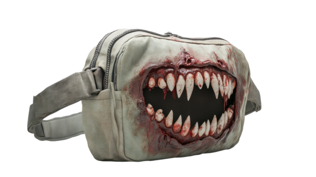 A bag with a mouth on it that is bloody and has teeth Transparent Background