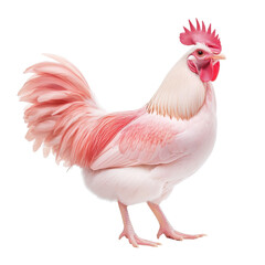 A rooster with pink feathers stands on a white background Transparent Background