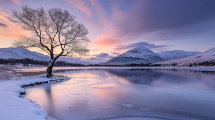 Serene snowy landscape at sunset with a solitary tree by a frozen lake, surrounded by distant mountains and a colorful sky reflecting on the water.