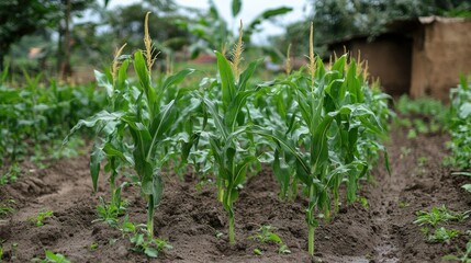 Obraz premium Lush organic maize farm showcasing vibrant sweet corn plants emerging from rich soil in a tranquil rural agricultural setting.
