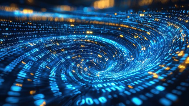 A swirling vortex of glowing blue and yellow digital data streams, symbolizing technology, data flow, and the digital universe.