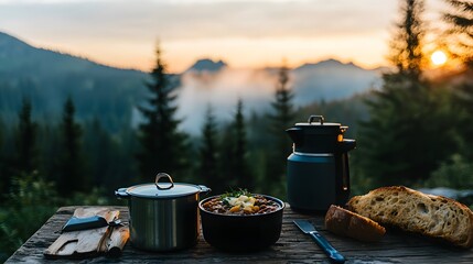 Outdoor cooking adventure sunset meal preparation mountain retreat food photography scenic wilderness cozy atmosphere