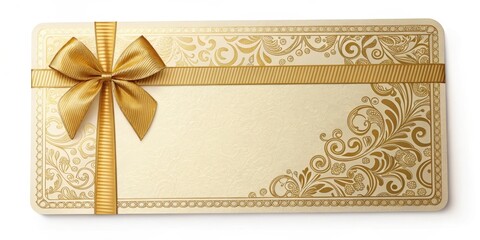 Elegant cream gift card with gold ribbon bow and ornate design