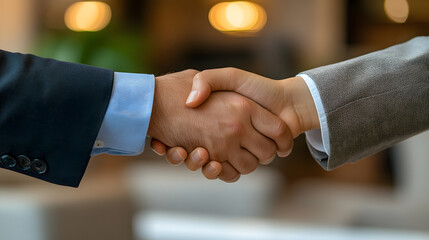 Business handshake between two men in modern office professional environment close-up viewpoint collaboration concept