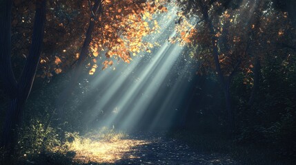 Dramatic forest landscape with golden autumn leaves illuminated by shafts of sunlight breaking through a dense canopy of trees.