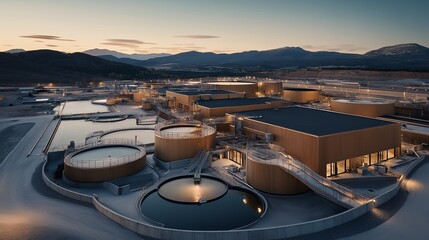 A modern industrial facility with circular tanks and buildings, likely for wastewater treatment.