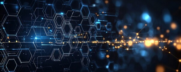 An abstract digital background featuring glowing hexagons and dynamic light effects, representing technology and innovation.
