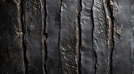 Close-up view of a textured black vertical surface showcasing deep cracks revealing layered textures beneath the outer layer