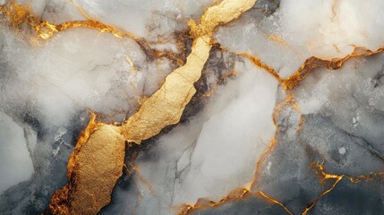 Luxurious marble texture featuring elegant gray swirls adorned with striking golden veins, creating a sophisticated abstract background.