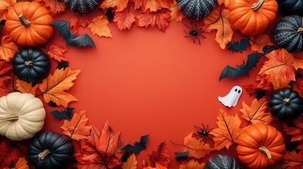Halloween holiday card with party decorations of pumpkins, bats, spiders. Happy halloween greeting card on orange background. top view. 