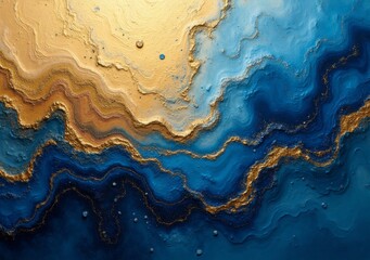 Fototapeta premium Textured abstract artwork depicting waves of blue and gold with intricate details