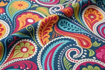 Fototapeta premium Vibrant Paisley Fabric with a Colorful Floral and Swirling Design, Perfect for Upholstery or Fashion Applications