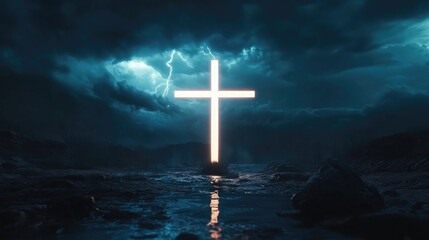 Naklejka premium Illuminated Cross Standing Firm Amidst a Dark, Stormy Sky with Flashing Lightning Reflecting Themes of Resilience and Faith