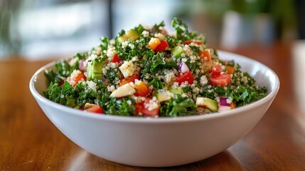 Vibrant kale and quinoa salad in a white bowl featuring fresh vegetables like apples, bell peppers, and tomatoes, ideal for a nutritious breakfast in a cafe setting.