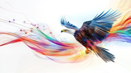 Fototapeta premium eagle soaring gracefully against a pristine white background, its feathers shimmering with vibrant colors that reflect the essence of energy and technology