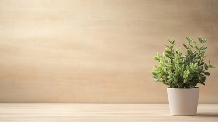 Succulent plants in a simple white pot placed on a light wooden surface with a soft beige background, ideal for text overlay.