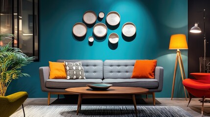 Mid-century Scandinavian living room featuring a grey sofa against a dark teal wall with decorative circles, accented by colorful orange cushions and modern lighting.