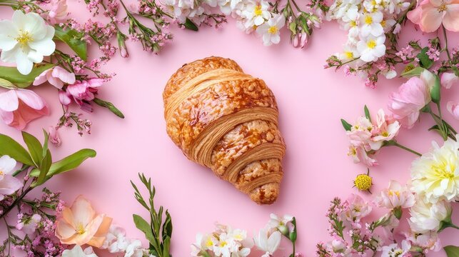 Golden croissant surrounded by delicate spring flowers on a soft pink background showcasing a traditional culinary theme with ample copy space from a bird's eye perspective.