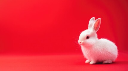 Plush white bunny figurine sitting on a bright red background, showcasing soft fur and expressive eyes in a playful and vibrant presentation.