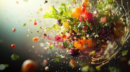 Dynamic explosion of fresh organic ingredients with high-tech elements creating a vibrant and colorful display of culinary innovation