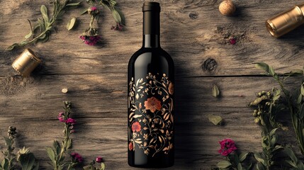 Elegant wine bottle mockup with intricate floral design, set against rustic wooden background and surrounded by decorative herbs and caps.