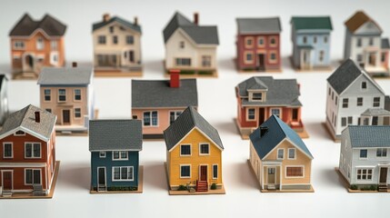 Miniature model houses arranged to illustrate diverse real estate investment opportunities, perfect for financial presentations and discussions.